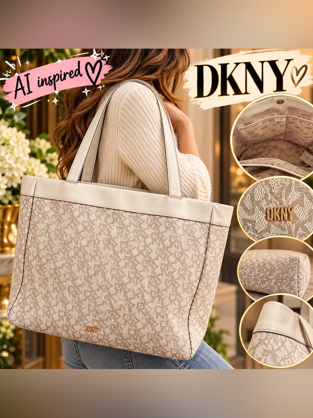 DKNY White Monogram Tote Bag | Large Shoulder Bag